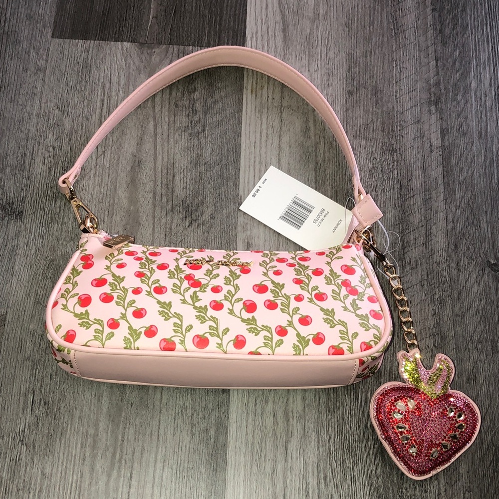 Betsey Johnson XOMINNY Pink Multi Tomato Print Crossbody Strawberry Charm NWT